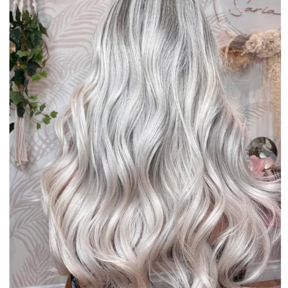 NEW WIG 100% Human Hair Icy Platinum Money Piece & Ashy Blonde Shaded Root